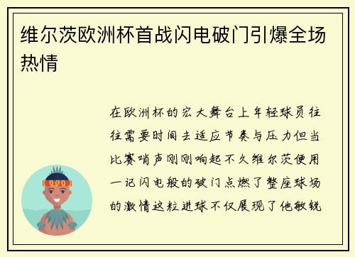 维尔茨欧洲杯首战闪电破门引爆全场热情
