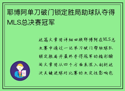 耶博阿单刀破门锁定胜局助球队夺得MLS总决赛冠军 耶博阿单刀破门锁定胜局助球队夺得MLS总决赛冠军