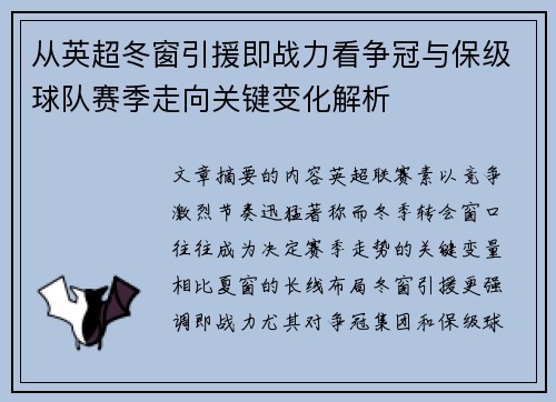 从英超冬窗引援即战力看争冠与保级球队赛季走向关键变化解析